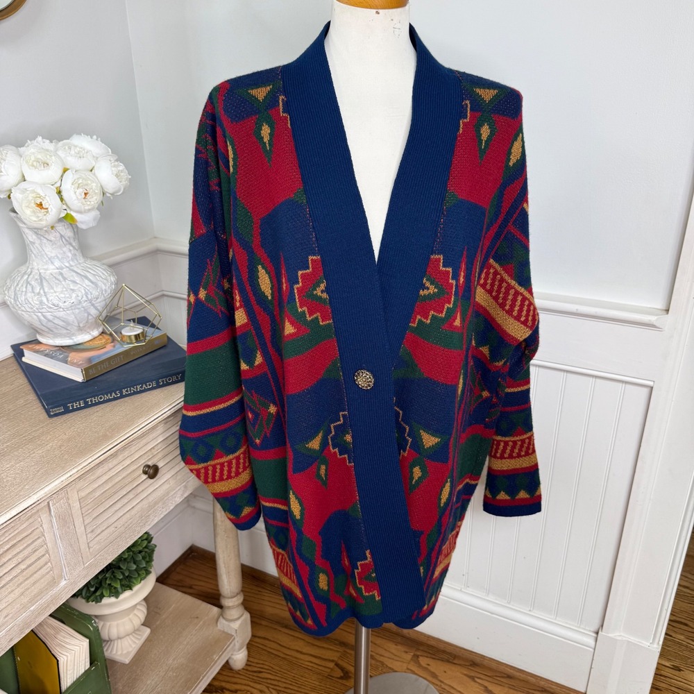 Vintage Southern Lady Southwestern Geometric Cardigan XL Navy Red Green USA Made